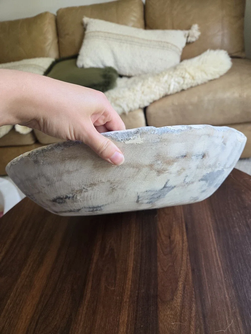 J.C. & Rollie Large Round Wooden Dough Bowl White Distressed Rustic Farmhouse Pr